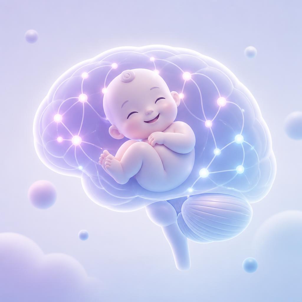 Soft 3D illustration of a baby cradled inside a glowing brain — pediatric developmental screening