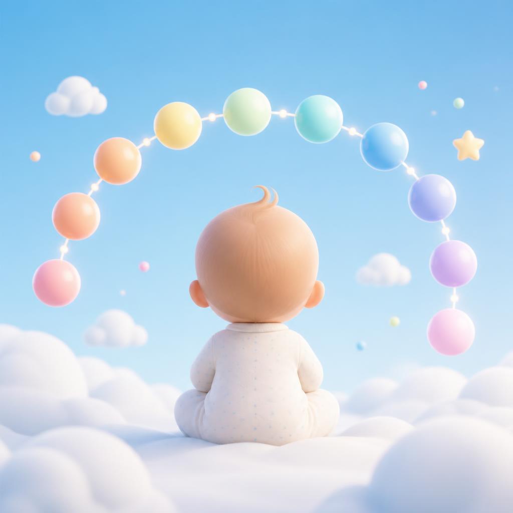 Baby seated on clouds beneath a soft pastel arch of month markers