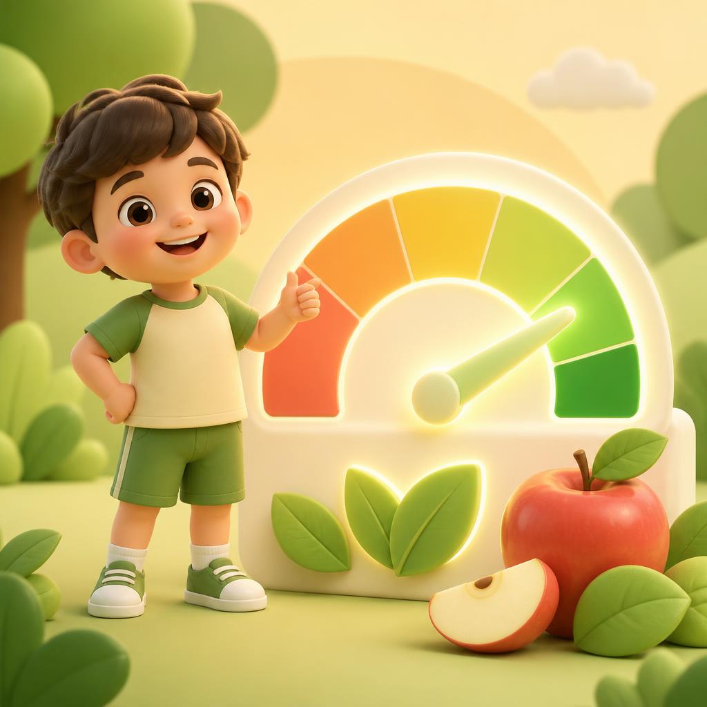 Happy child next to a colorful percentile gauge with an apple