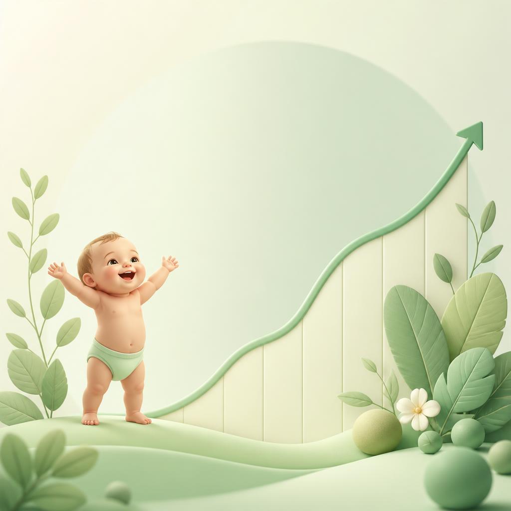 Smiling baby beside a rising green growth curve surrounded by leaves
