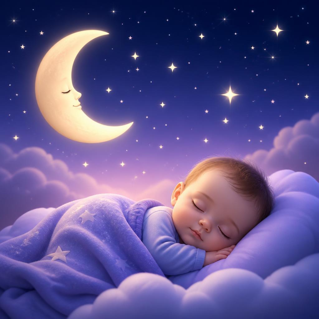 Sleeping baby beneath a glowing crescent moon and stars